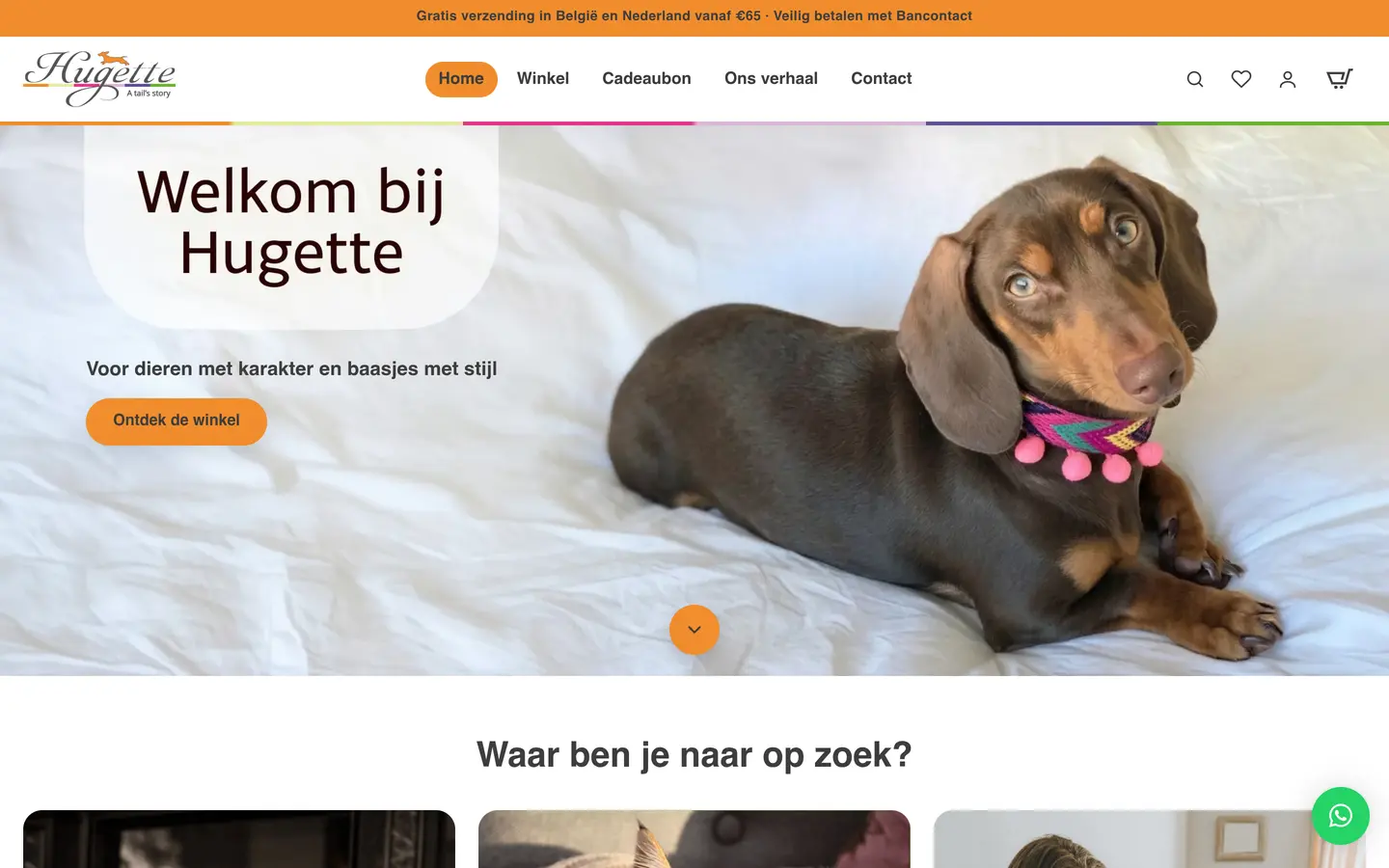 Homepagina van de webshop van Hugette, accessoires voor honden, katten en baasjes
