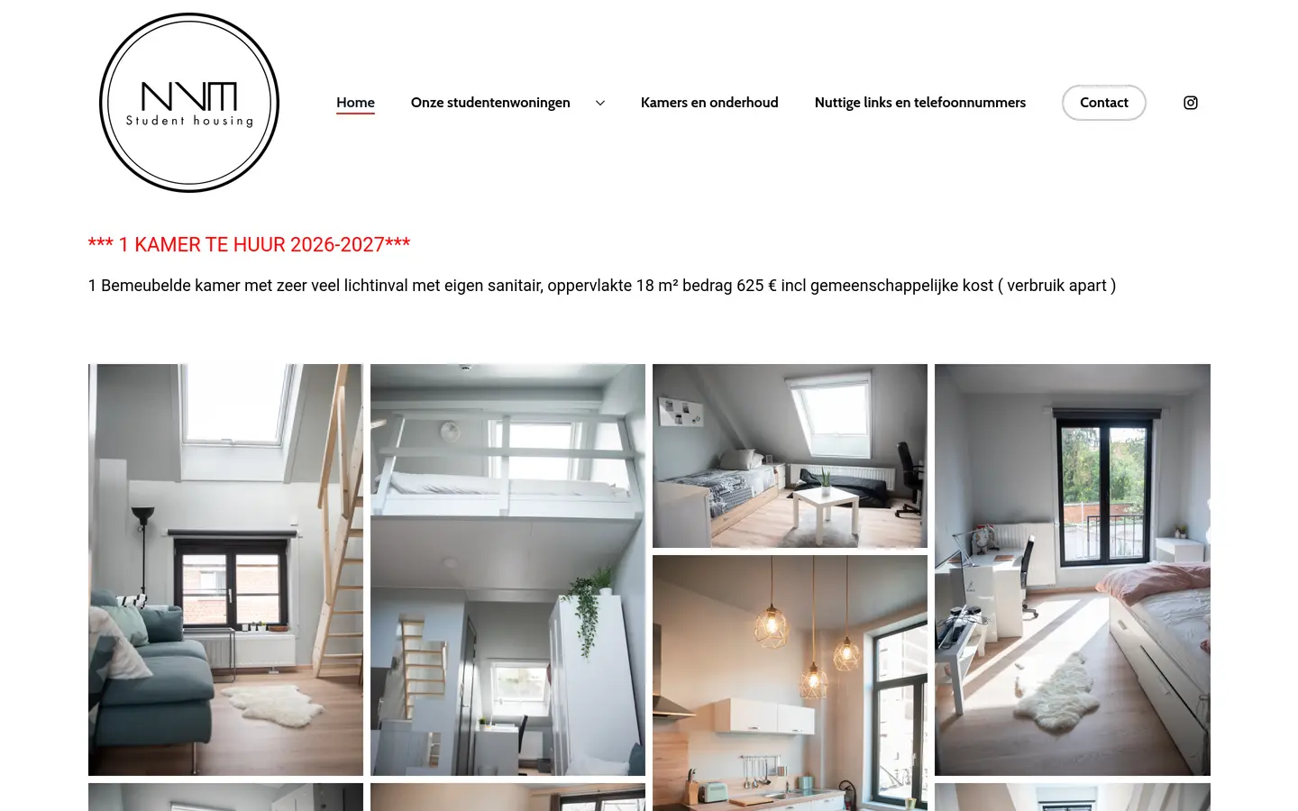 Homepagina van de website van NVM Kot, studentenkamers in Leuven